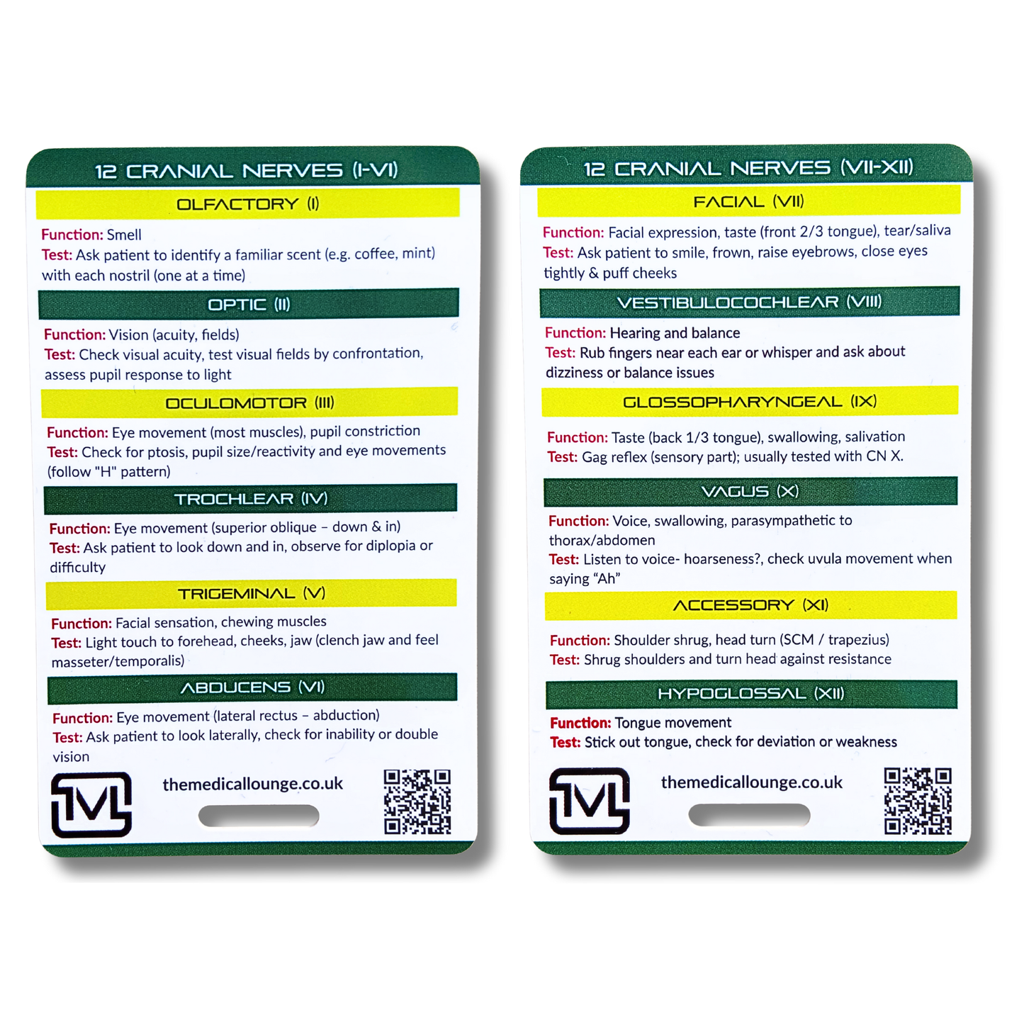 Cranial Nerves (I–XII) Reference Card