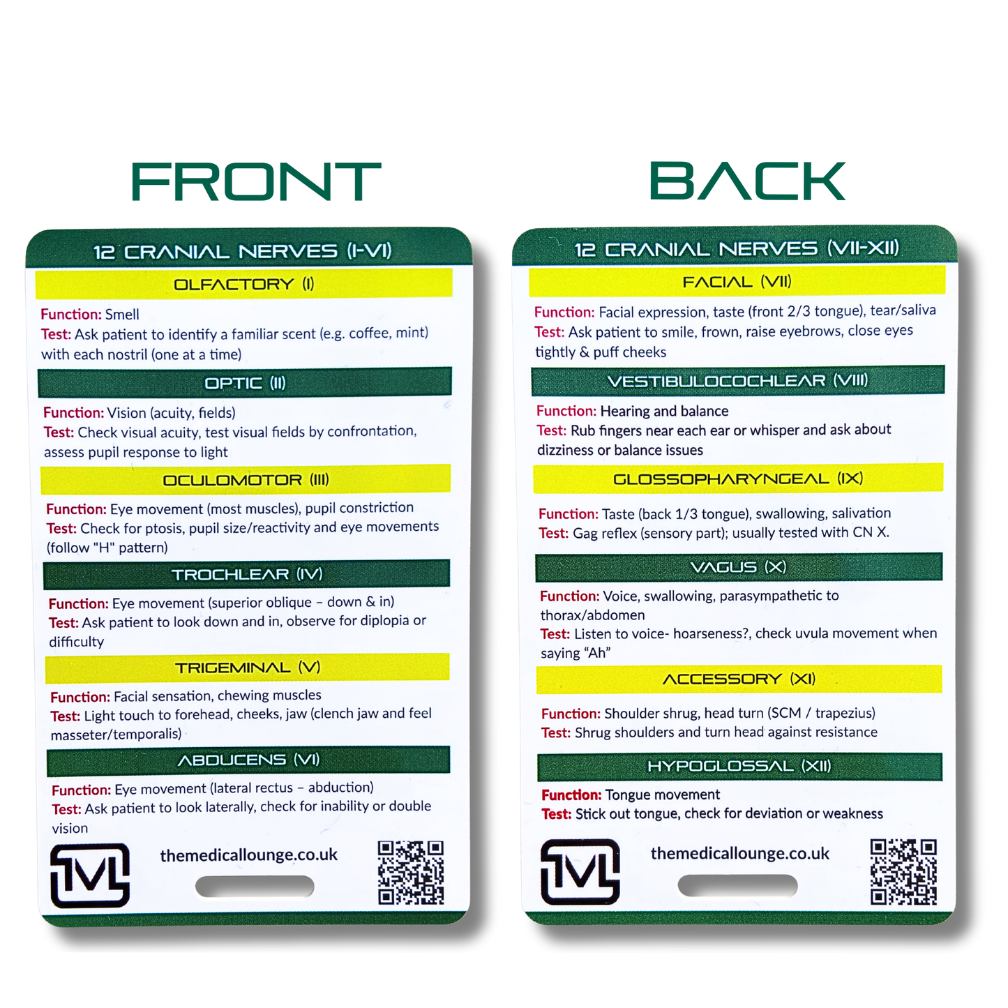 Cranial Nerves (I–XII) Reference Card